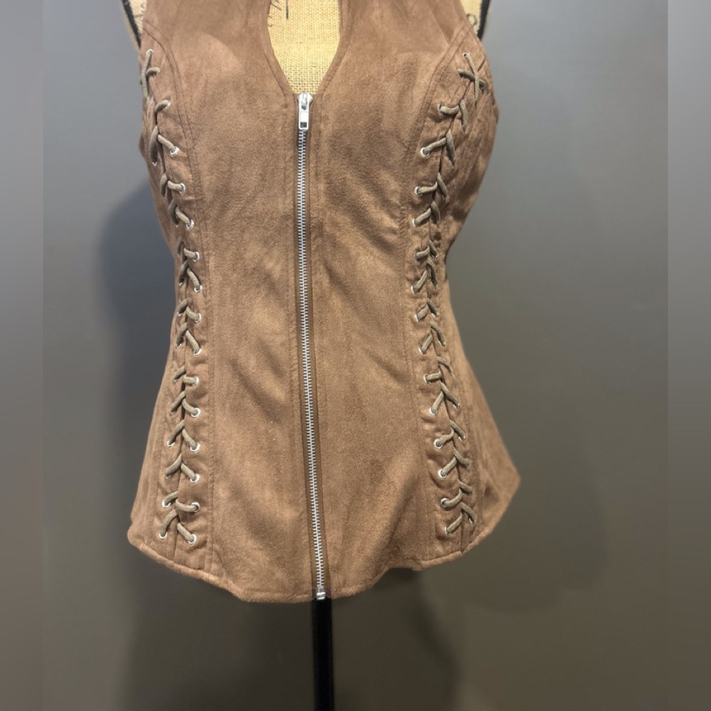Faux chocolate suede sleeveless zipper crisscross back moto top 2XL